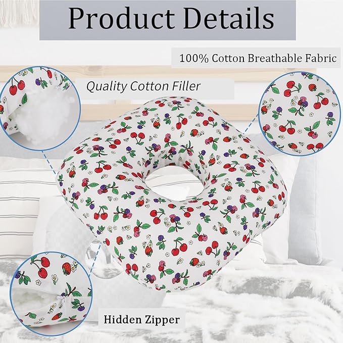 Ear Piercing Pillow for Side Sleepers, Pillow with an Ear Hole for CNH and Ear Pain Ear Inflammation Pressure Sores, O-Shaped Side Sleeping Pillow, Ear Guard Pillow (White Cherry)