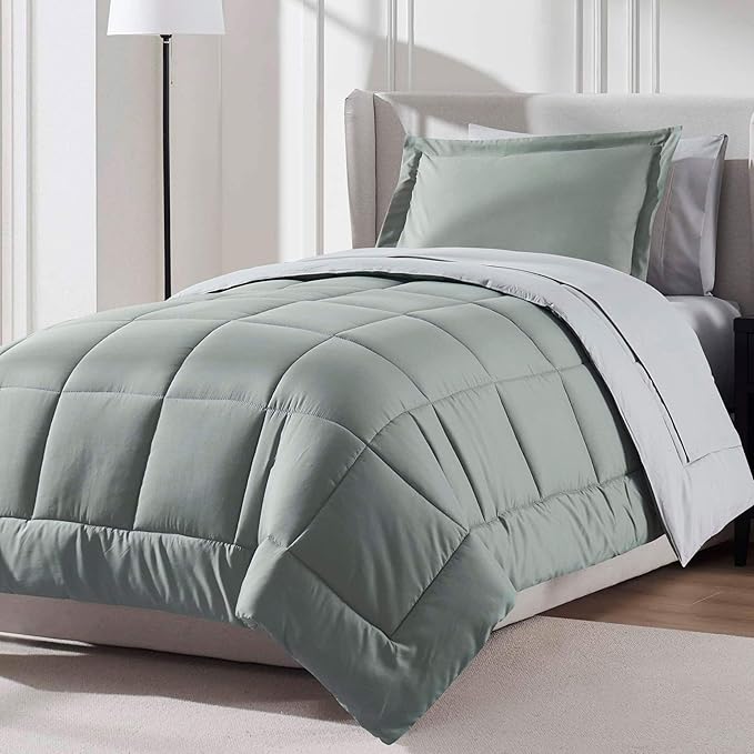 Nestl 7 Piece Twin XL Comforter Set – Sage Green Reversible Bed in a Bag – Complete Twin XL Size Bedding Set with Sheets, Set of 2 Cooling Pillows, Pillowcase and Sham