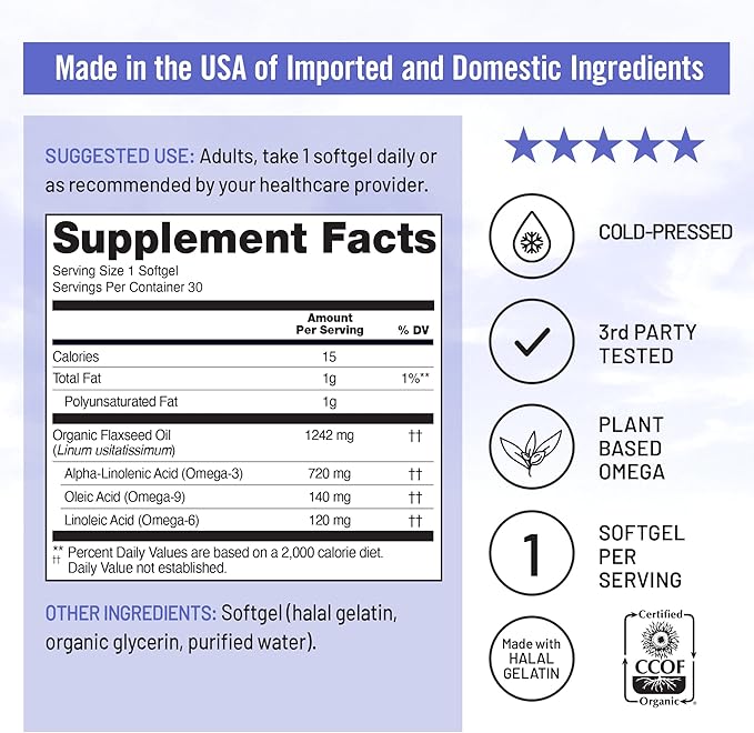 NatureWise Flaxseed Oil 1200 mg, Fish Free Omega 3 6 9 with 720mg ALA, Dietary Supplement for Heart Health Support - Organic, Cold Pressed, Non-GMO - 30 Softgels[1-Month Supply]