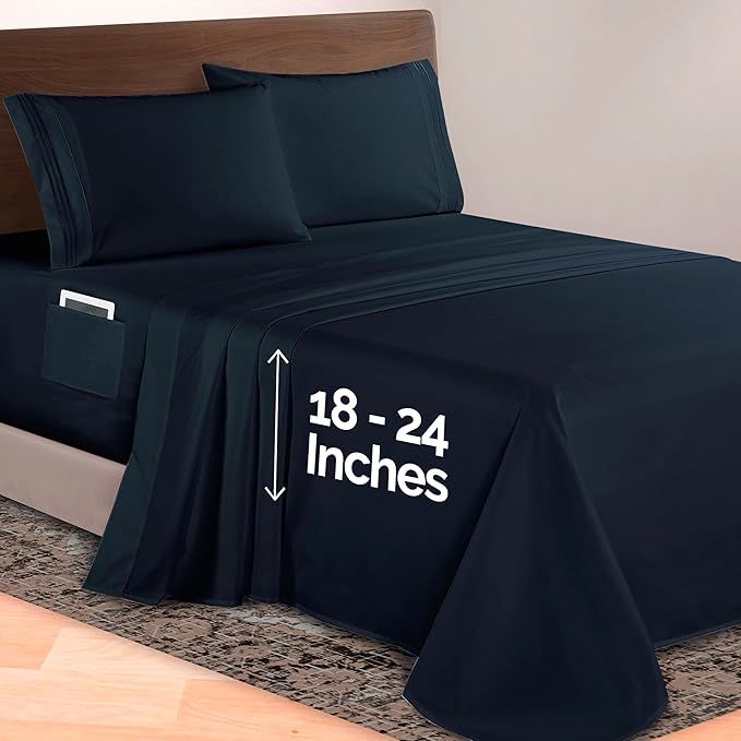 Elegant Comfort Luxurious 1500 Premium Hotel Quality Microfiber 4-Piece Sheet Set, 18-24 Inches Deep - Extra Deep Pocket Sheets - Ultra Soft 4PC Deep Pocket Sheets, Queen, Black