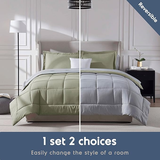 Nestl 9 Piece California King Comforter Set – Light Sage Reversible Bed in a Bag – Complete Cal King Size Bedding Set with Sheets, Set of 2 Down Alternative Pillows, Pillowcases and Shams