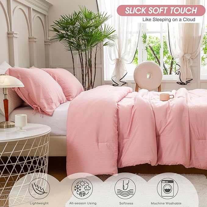 Blush Light Pink Comforter Set Queen, Super Soft Washed Polycotton Fabric, Cozy Comfy Down Alternative Bedding Blanket Comforter Set and Pillowcase Lightweight but Warm for Women All Seasons