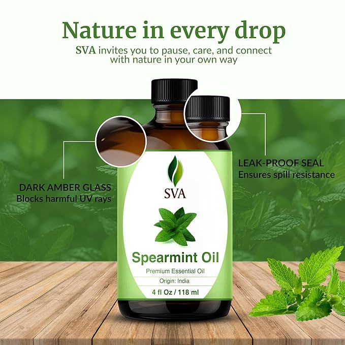 SVA Spearmint Essential Oil 4 Oz with Dropper 100% Pure Natural Undiluted Premium Therapeutic Grade Oil for Diffuser, Aromatherapy, Face, Body & Hair Care