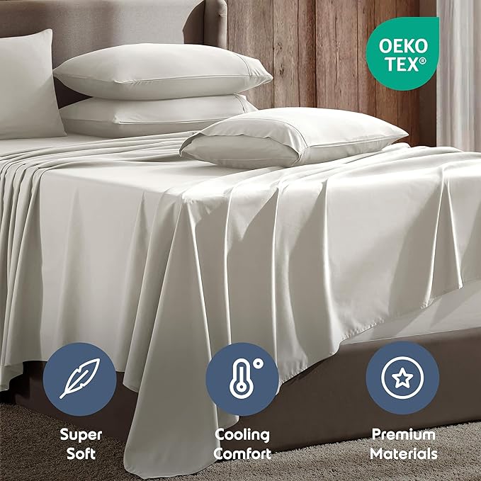 Nestl Extra Deep Twin Sheet Set - 4 Piece Breathable & Cooling Sheets - Hotel Luxury Bedding Set w/18-24 Inch Deep Pockets - Easy & Secure Fit - Super Soft, Wrinkle Free & Comfy - Off White