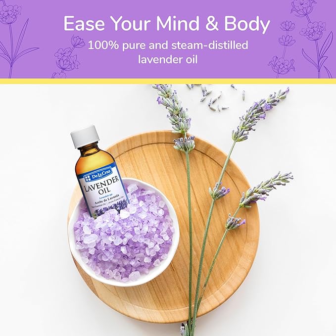 De La Cruz Lavender Essential Oil Steam-Distilled - 100% Pure Lavender Oil for Aromatherapy 2 Fl Oz (Pack of 1)