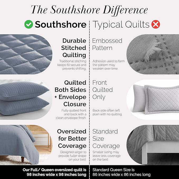 Southshore Fine Living, Inc. Queen Quilt Set, Full Size Bedspread with 2 Matching Pillow Shams, Soft Microfiber Lightweight Quilts, Queen Size Coverlet, Vacation Rental Quilts, Slate Blue Quilt