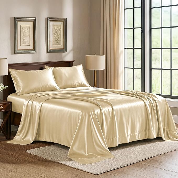 Satin Sheets Twin [3-Piece, Ivory] Hotel Luxury Silky Bed Sheets - Extra Soft 1800 Microfiber Sheet Set, Wrinkle, Fade, Stain Resistant - Deep Pocket Fitted Sheet, Flat Sheet, Pillow Cases