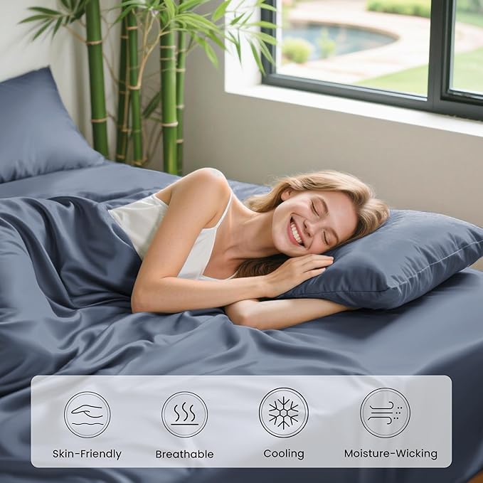 Love's cabin 3 Piece Twin Sheet Set, 100% Rayon Derived from Bamboo, Cooling & Breathable, Soft Silky Deep Pocket up to 16", Hotel Luxury Bedding for Hot Sleepers, Bluish Grey