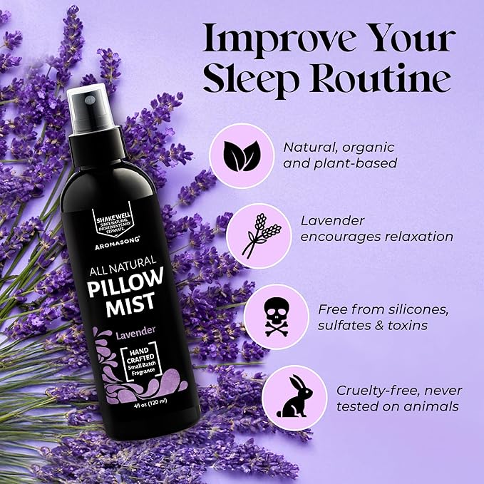 Aromasong Lavender Pillow Spray - All Natural Linen & Bedtime Mist for Sleep - Aromatherapy Botanical Essential Oils for Sleeping - Fragrance Scent 8 Oz.