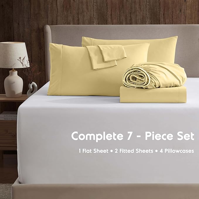 Nestl Extra Deep Split King Sheet Set - 7 Piece Breathable & Cooling Sheets - Hotel Luxury Bedding Set w/18-24 Inch Deep Pockets - Easy & Secure Fit - Super Soft, Wrinkle Free & Comfy - Custard Yellow