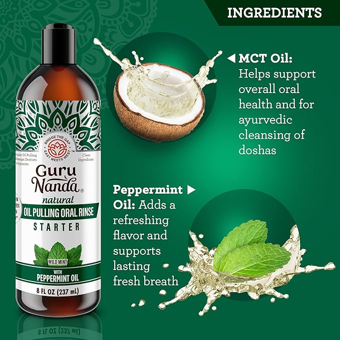 GuruNanda Starter Pulling Oil Mouthwash for Natural Teeth Whitening, Coconut and Peppermint Oil for Fresh Breath & Happy Gums, with Tongue Scraper, Alcohol-Free, 2X8 Oz (Pack of 2)
