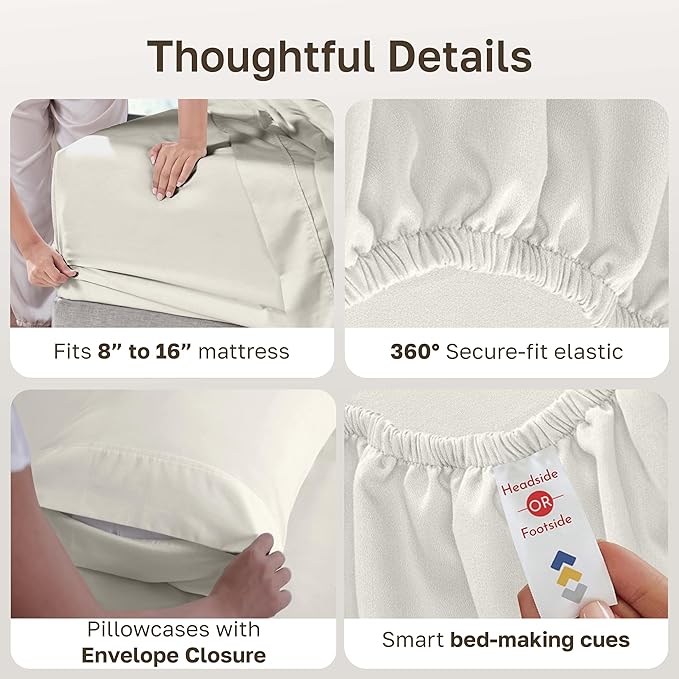 California Design Den 6-Pc Queen Size Sheet Set with 4 Pillowcases - 400 Thread Count 100% Cotton Sheets, Sateen Weave, Deep Pocket Bedsheets Set - Ivory (Pale Tone)