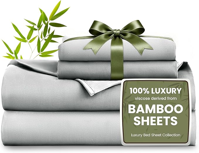 Love's cabin 3 Piece Twin Sheet Set, 100% Rayon Derived from Bamboo, Cooling & Breathable, Soft Silky Deep Pocket up to 16", Hotel Luxury Bedding for Hot Sleepers, Light Grey