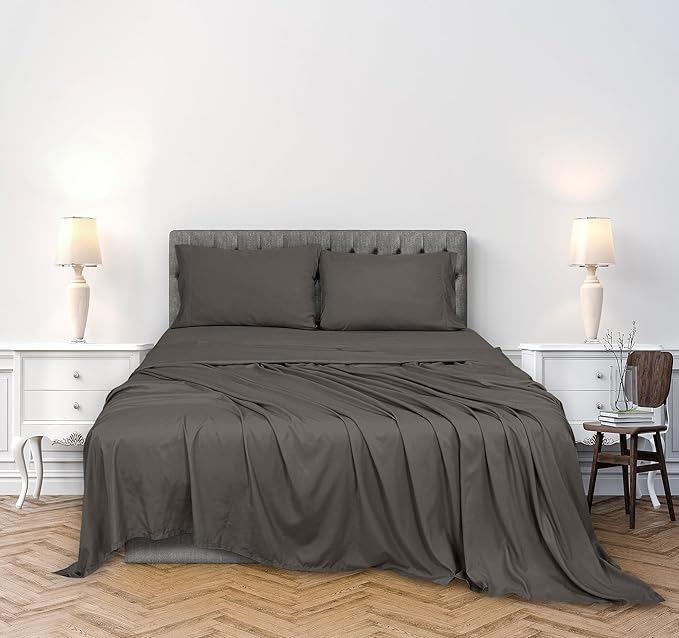 ROYALE LINENS 300 Thread Count 100% Long Staple Combed Cotton Sheet Set - 4 Piece King Bed Sheets - 1 Fitted, 1 Flat & 2 Pillow Cases - Soft Cool & Crisp Sheet Set (King, Grey)