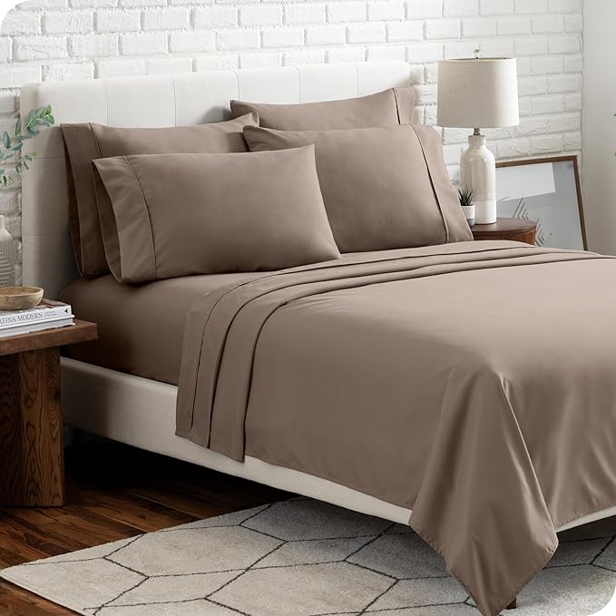 Bare Home Hotel Luxury Short Queen Sheet Set, Extra Soft - 6 Piece Set - Deep Pockets - Easy Fit - Cooling & Breathable - Wrinkle, Fade, Stain Resistant - Includes 4 Pillowcases (Short Queen, Taupe)