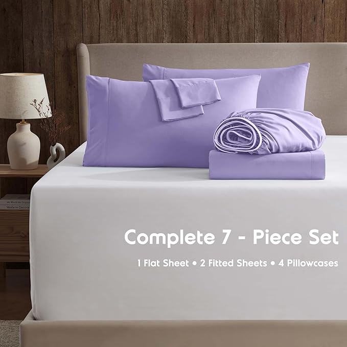 Nestl Extra Deep Split King Sheet Set - 7 Piece Breathable & Cooling Sheets - Hotel Luxury Bedding Set w/18-24 Inch Deep Pockets - Easy & Secure Fit - Super Soft, Wrinkle Free & Comfy - Lavender