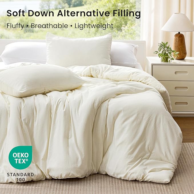 Love's cabin King Size Comforter Set Beige, 3-Piece 90% Polyester 10% Linen Blend Bedding Set, Linen-Look Textured Stripe, Down Alternative All-Season Comforter with Pillow Shams | Soft, Breathable, Lightweight
