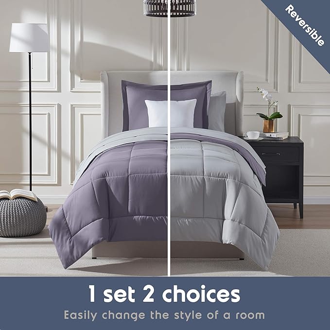 Nestl 7 Piece Twin XL Comforter Set – Grayish Purple Reversible Bed in a Bag – Complete Twin XL Size Bedding Set with Sheets, Set of 2 Down Alternative Pillows, Pillowcase and Sham