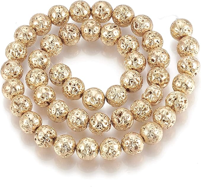 Craftdady 450Pcs Natural Round Lava Stone Beads 9mm Light Gold Volcanic Rock Gemstone Loose Beads Metallic Energy Healing Chakra Beads for Jewelry Craft Essential Oil Bracelet