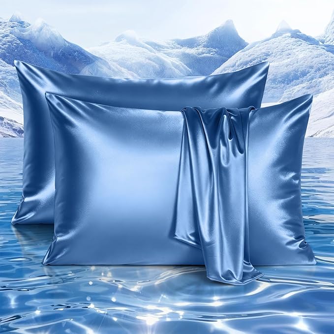 Elegear Cooling Pillow Cases Set of 2 for Hot Sleepers, Softer Than Silk Pillow Cases for Hair & Skin,Upgraded Arc-Chill Cooling Satin Pillowcases Q-max>0.5, Luxury Zipper Pillowcase Cover -Queen,Blue
