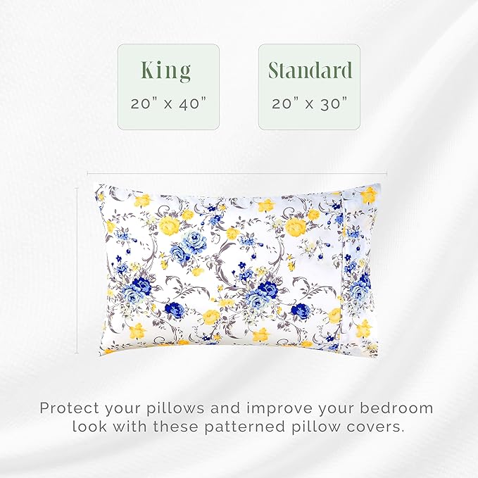 Elegant Comfort Ultra Soft Set of 2 Floral Print Pillowcases - 1500 Premium Hotel Quality Microfiber, Soft and Smooth Envelope Closure 2-Piece Pillow Covers - Standard/Queen, Gold Jenna