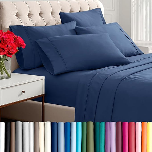 Bare Home Hotel Luxury Split Head Flex King Sheet Set, Extra Soft, Deep Pockets, Easy Fit, Cooling & Breathable, Wrinkle, Fade, Stain Resistant, with 4 Pillowcases (Split Head Flex King, Dark Blue)