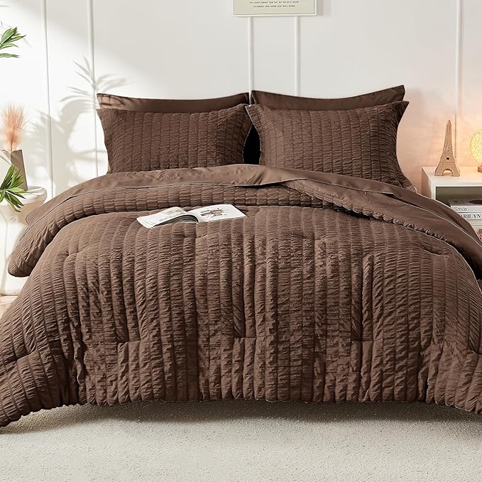 HYMOKEGE Dark Brown King Size Comforter Set Seersucker 7 Pieces, All Season Luxury Bed in a Bag for Bedroom, Bedding Set with Comforter, Sheets, Pillowcases & Shams