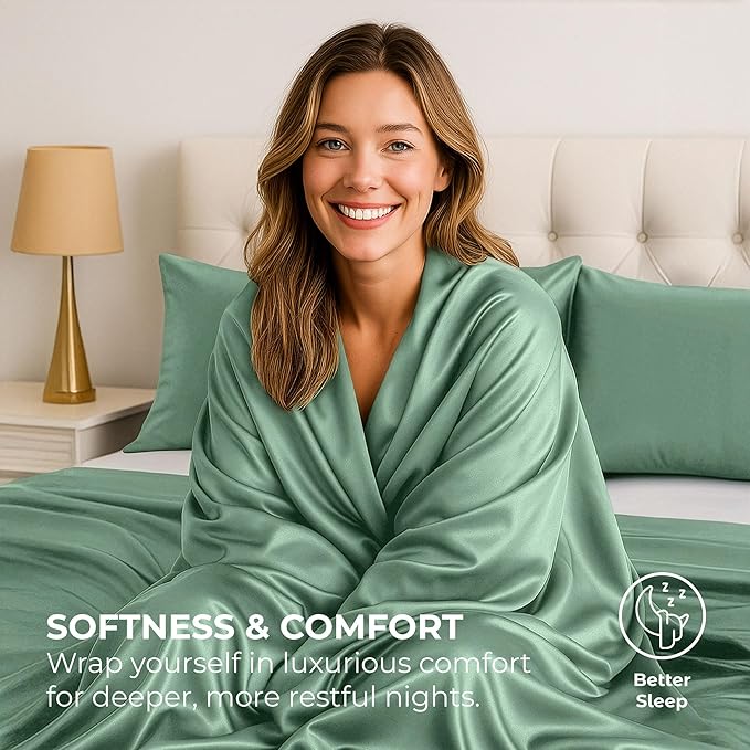 Satin Sheets California King [4-Piece, Champagne Green] Hotel Luxury Silky Bed Sheets - Extra Soft Microfiber Sheet Set, Wrinkle Resistant - Deep Pocket Fitted Sheet, Flat Sheet, Pillow Cases