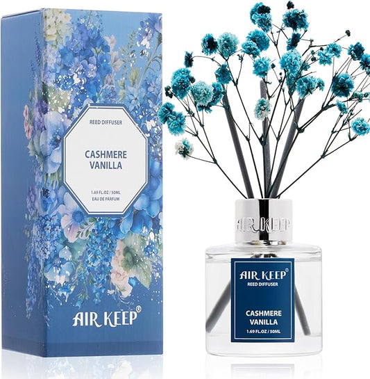 Airkeep Reed Diffuser Set,1.69 fl oz (50 ml) - Cashmere Vanilla Oil Diffusers with 8 Reed Sticks,Home Fragrance Reed Diffuser for Bathroom Shelf Decor