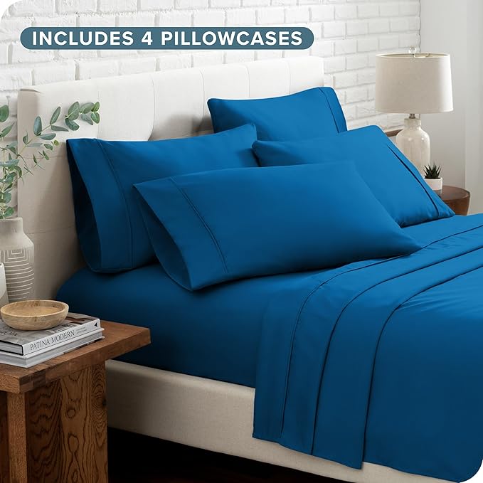 Bare Home Hotel Luxury Full Sheet Set, Extra Soft - 6 Piece Set - Deep Pockets - Easy Fit - Cooling & Breathable - Wrinkle, Fade, Stain Resistant - Includes 4 Pillowcases (Full, Medium Blue)