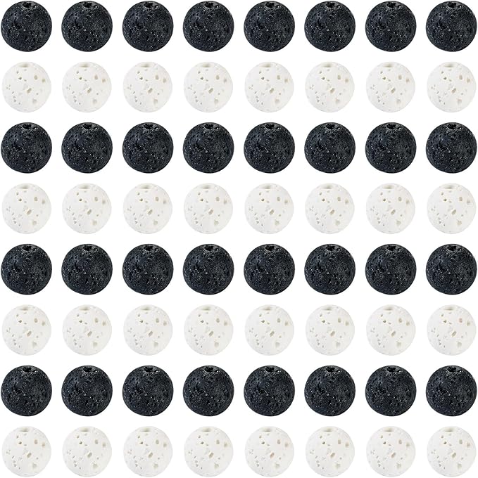 Craftdady 360 pcs 8 mm Natural Lava Beads White Black Round Stone Rock Beads Gemstone Loose Spacer Beads for Diffuser Essential Oil Jewelry Bracelet Necklace Making