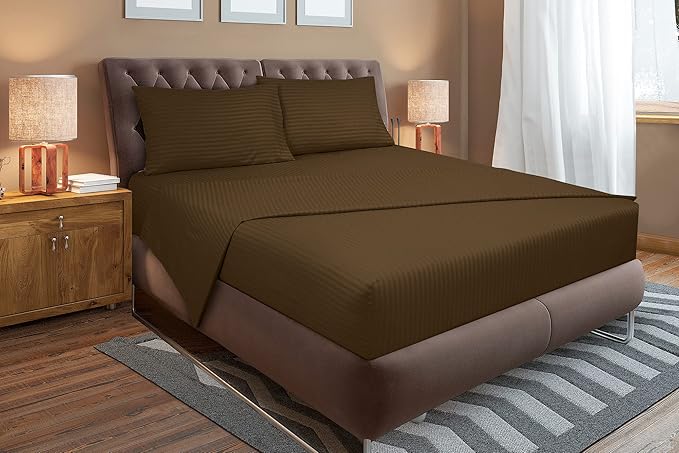 ROYALE LINENS 4 Piece Full Sheets Set - Soft Brushed Microfiber Bedding - 1 Fitted, 1 Flat Sheet, 2 Pillow Cases - Wrinkle Free & Fade Resistant - Hotel Luxury Bed Sheets (Stripe Chocolate, Full)
