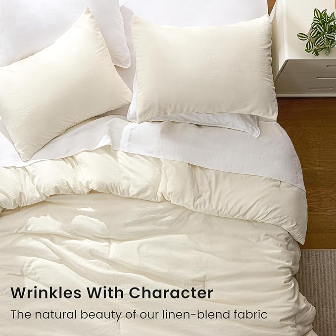 Love's cabin Queen Comforter Set Beige, 3-Piece 90% Polyester 10% Linen Blend Bedding Set, Linen-Look Textured Stripe, Down Alternative All-Season Comforter with Pillow Shams | Soft, Breathable, Lightweight