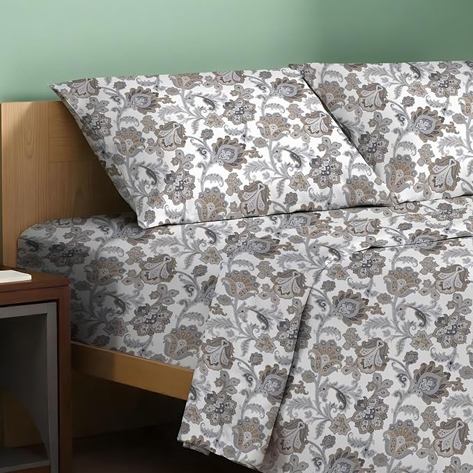 TEXAS LINEN CO. 100% Organic Cotton Printed Sheets California King Size - 4 PC Organic Cotton Cal King Percale Weave Sheet Set, Soft, Cooling & Crisp, 16" Deep Pocket Hotel Bedding Set - Floral Ivory