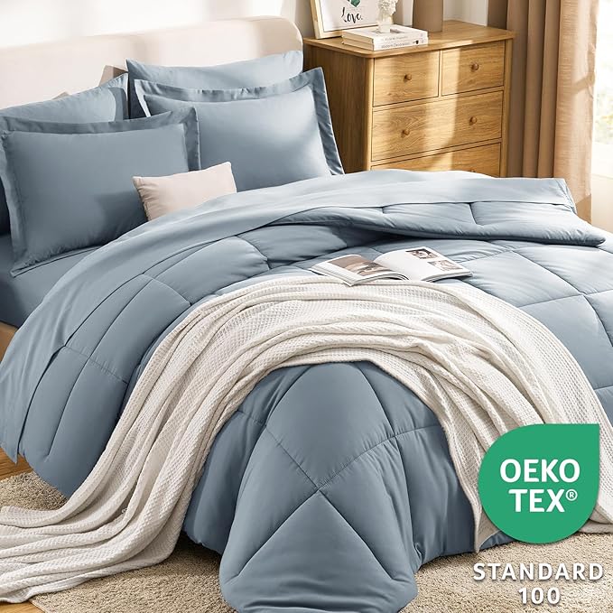 CozyLux Queen Comforter Set Grayish Blue, 7 Pieces Bed in a Bag Queen, All Season Breathable Bedding Sets,Oeko-Tex Certified Bed Set with Down Alternative Comforter, Sheets, Pillowcases & Pillow shams