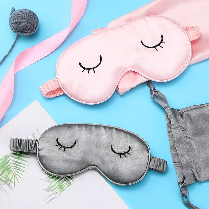 2 Pieces Cute Sleep Eye Masks for Kids Silk Sleep Eye Cover Cute Lightweight Adjustable Eyeshade Mask Satin Night Eyeshade Covers with 2 Pieces Storage Bag(3-12 Years,Gray, Pink)