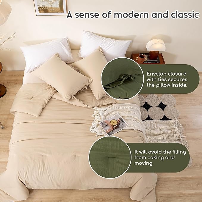 Ultra-Soft Beige Comforter Set Queen - Comfy Cozy Washed Polycotton - Comfort Fluffy Bedding Blanket Down Alternative Comforter Set with Pillowcase - Lightweight but Warm All Season - Khaki