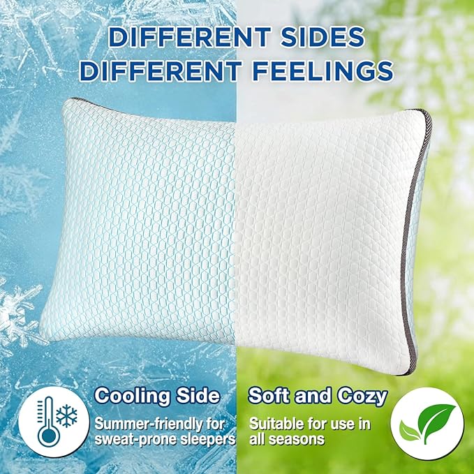 Cooling Pillows Queen Size Set of 1, Shredded Memory Foam Pillows 1 Pack, Bed Pillow for Hot Sleepers Adjustable Firm Pillow for Side, Back and Stomach Sleepers, Machine Washable