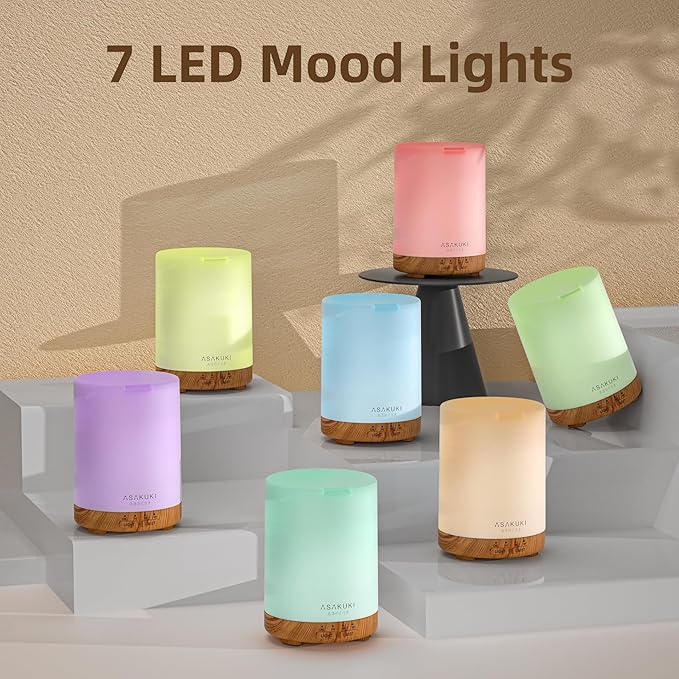 ASAKUKI Essential Oil Diffuser for Home, 300 ml Aromatherapy Diffuser with 6 Essential Oil Sets, Automatic Shut-Off, 7 LED Lights for Living Room, Bedroom, Hotel, Gift for Mom - Brown with Oils