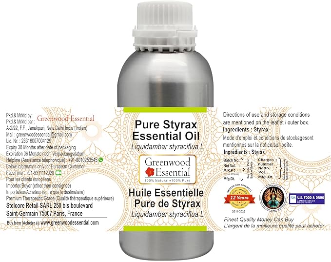 Deve Herbes Pure Styrax Essential Oil (Liquidambar styraciflua L) Steam Distilled 300ml (10 oz)