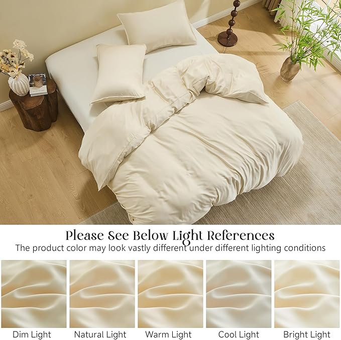 Simple&Opulence Cooling Duvet Cover Set Queen Size, 3 Pcs 100% Viscose Derived from Bamboo Hotel Luxury Silky Bedding Set, Breathable Soft Comforter Cover for Hot Sleeper with 2 Pillowcases(Beige)