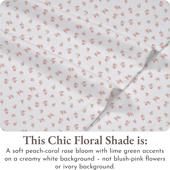 California Design Den Full Sheet Set Floral Pattern, 100% Cotton, Deep Pocket Full Sheets & Pillowcase Set, Soft Sateen Weave - Chic Floral