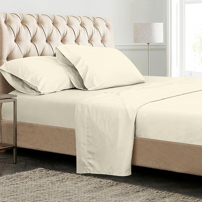ROYALE LINENS 300 Thread Count 100% Long Staple Combed Cotton Sheet Set - 4 Piece King Bed Sheets - 1 Fitted, 1 Flat & 2 Pillow Cases - Soft Cool & Crisp Sheet Set (King, Ivory)