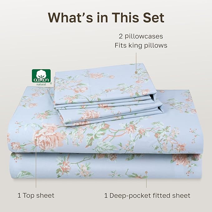 California Design Den Soft Cotton Bed Sheets Cal King Size Set, 400 TC Good Housekeeping Award Winner, Smooth Sateen Finish with Deep Pockets, Cozy and Durable Cotton Bedding Set - Floral Blue/Pink