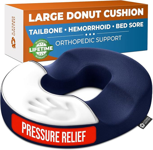 5 STARS UNITED Donut Pillow Hemorrhoid Tailbone Cushion – Large Floor Cushion for Pain Relief – Coccyx, Prostate, Sciatica, Pelvic Floor, Pressure Sores, Pregnancy, Postpartum Recovery, Blue