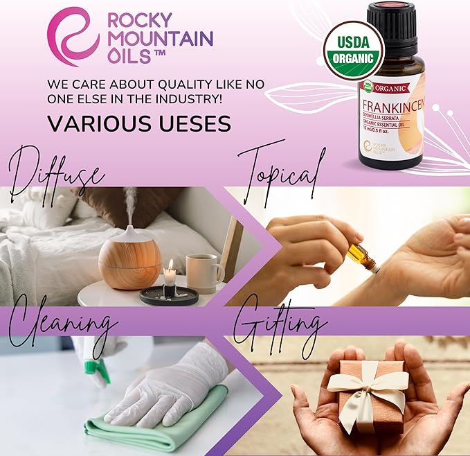 Rocky Mountain Oils Organic Frankincense Essential Oil - 100% Pure & Natural Aromatherapy Grade | Rich, Sweet Scent Diffusers Oil, Home, Hair Care, DIY Candle Making, Spa and Hotel Diffuser 15ml