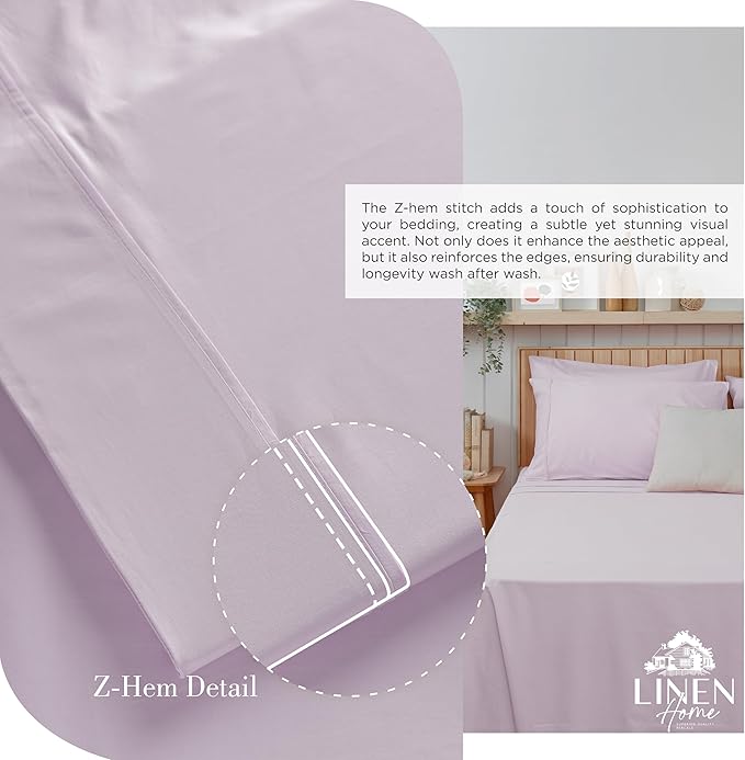 Linen Home 100% Cotton Percale Sheets King Size - Crisp Cool Breathable, 16 Inch Deep Pocket, Soft Durable 4-Piece King Bed Sheet Set 1 Flat, 1 Fitted, 2 Pillowcases, Iris Lilac