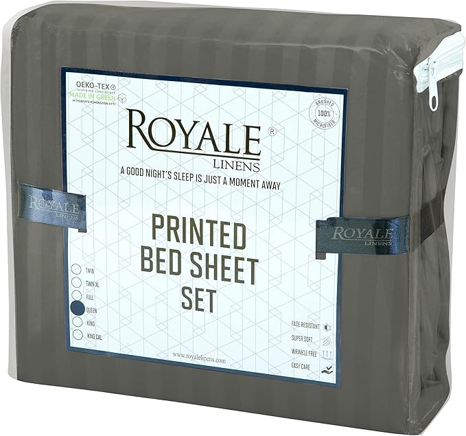 ROYALE LINENS 4 Piece Full Sheets Set - Soft Brushed 1800 Microfiber Bedding - 1 Fitted, 1 Flat Sheet, 2 Pillow Cases - Wrinkle Free & Fade Resistant - Hotel Luxury Bed Sheets (Stripe Grey, Full)