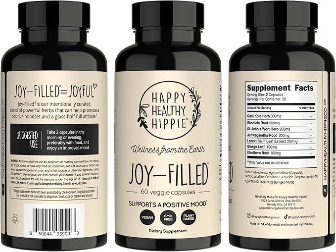 Joy-Filled Mood Support Supplement - 7 Herb Complex + St. Johns Wort (180 Ct) | Rhodiola Rosea, Eleuthero, Ashwagandha | Stress Relief – Helps Calm The Mind & Body | 100% Plant-Based Happy Pills