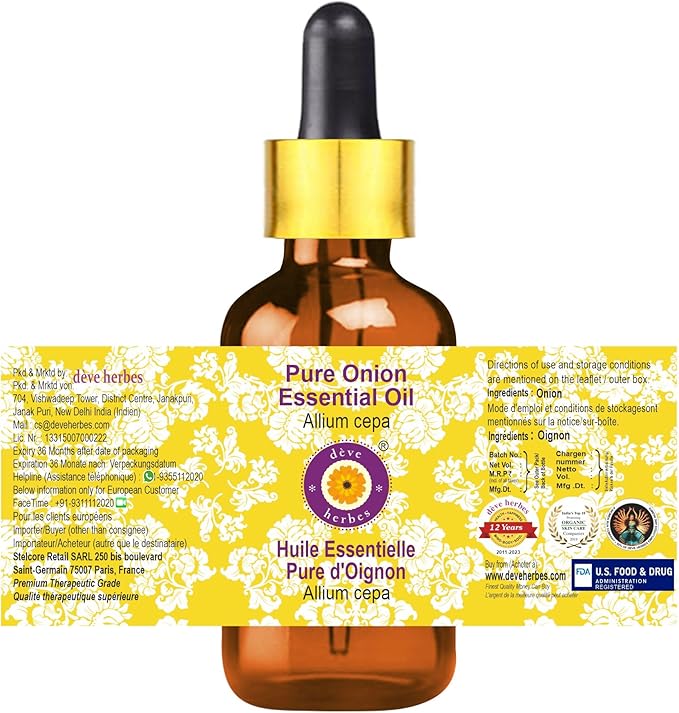 Deve Herbes Pure Onion Essential Oil (Allium cepa) with Glass Dropper Steam Distilled 30ml (1 oz)
